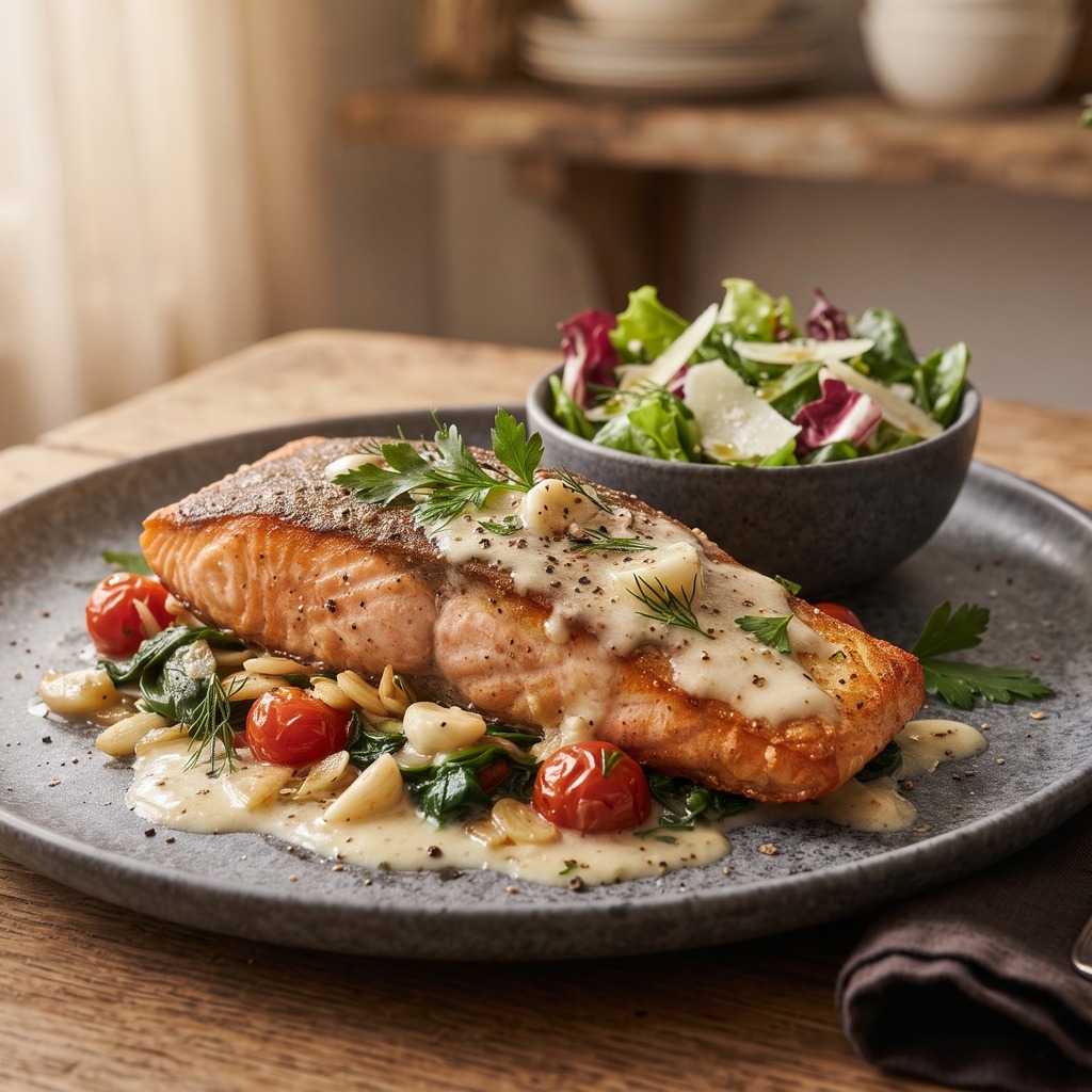 Saumon poêlé, sauce crémeuse à l'ail et au parmesan