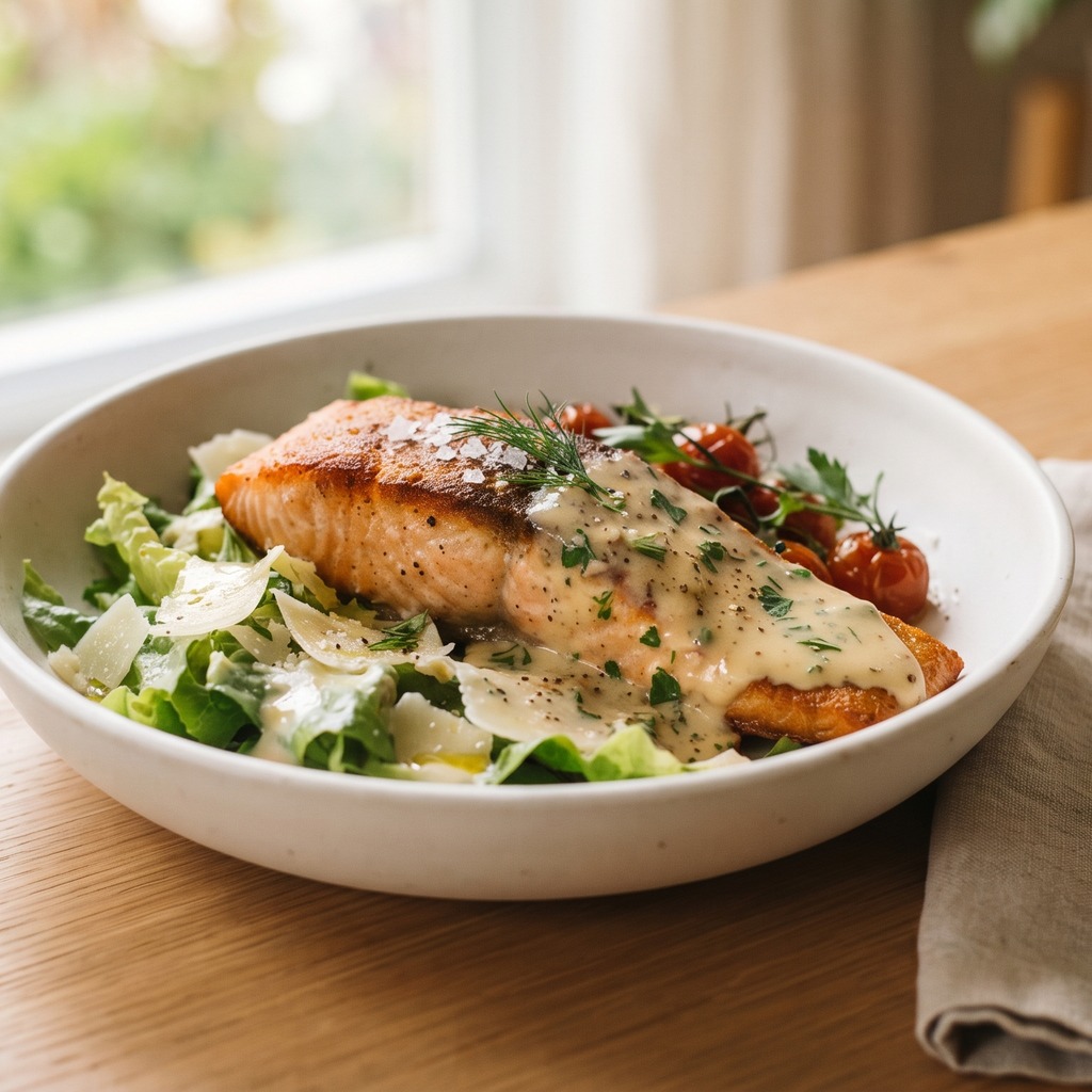 Saumon poêlé, sauce crémeuse à l'ail et au parmesan