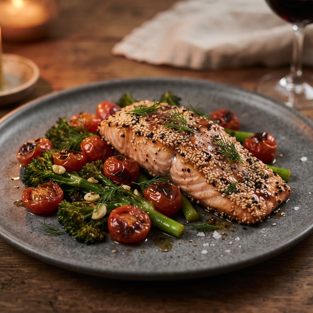 Saumon poêlé, sauce soja-sésame et tomates cerises