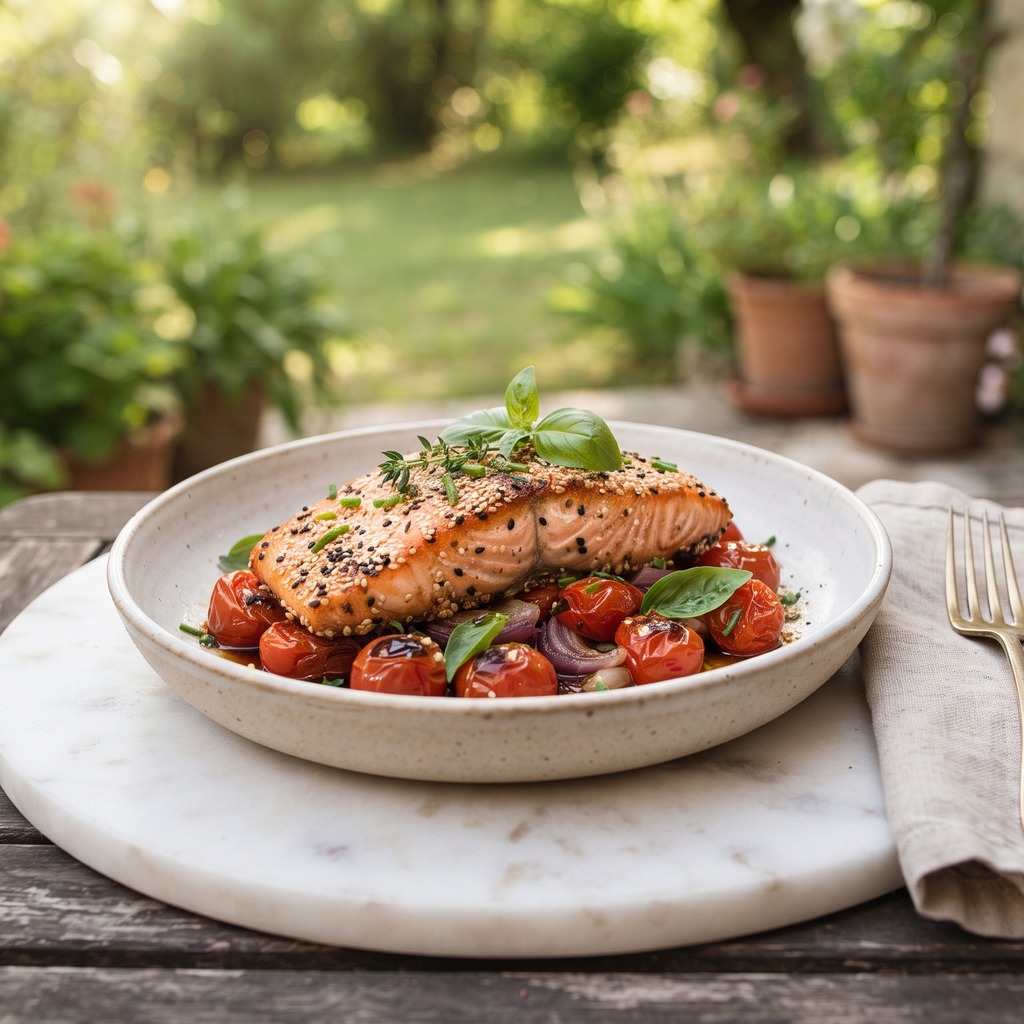 Saumon poêlé, sauce soja-sésame et tomates cerises