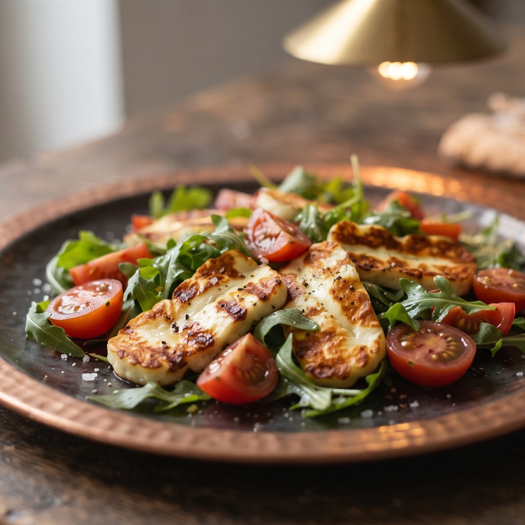 Halloumi grillé, roquette et tomates cerises