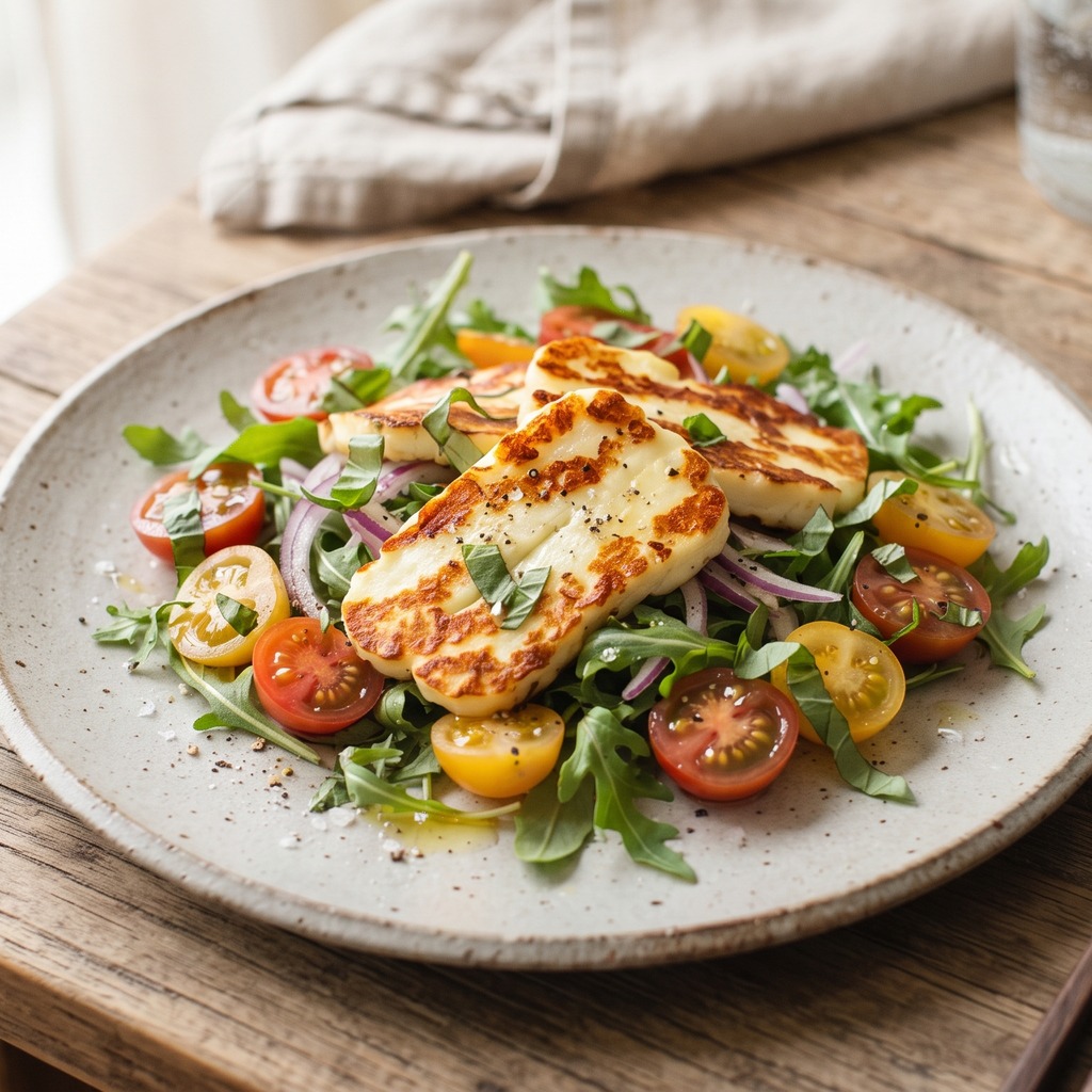 Halloumi grillé, roquette et tomates cerises