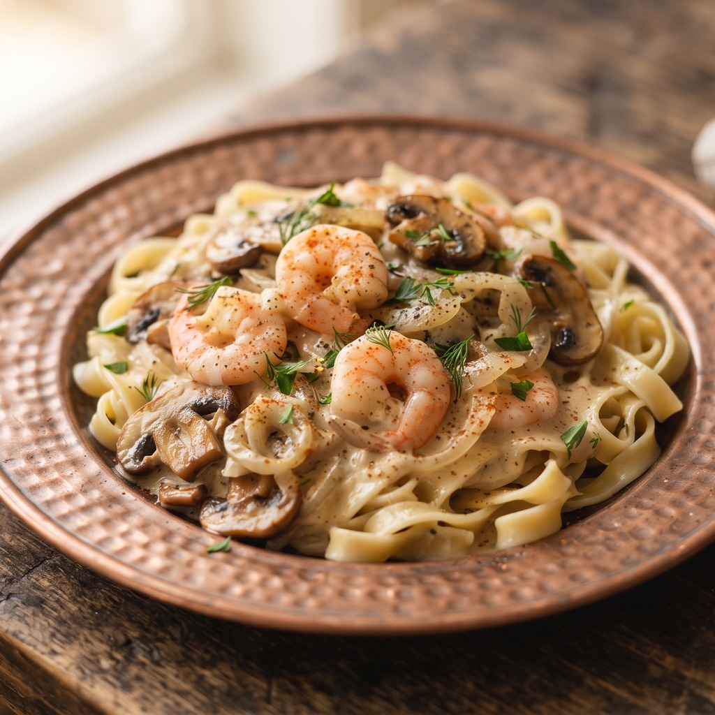 Crevettes façon Stroganoff, champignons et crème