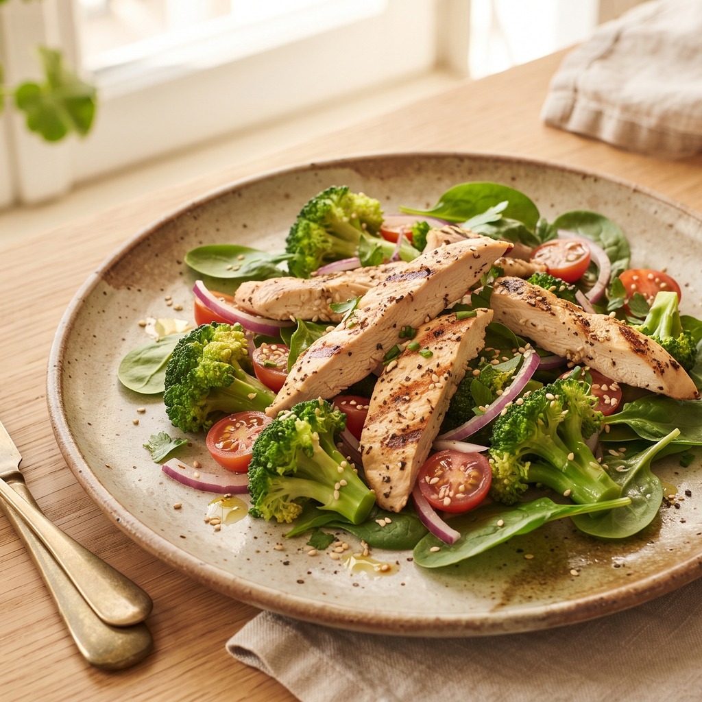 Poulet doré, brocoli vapeur et épinards au sésame