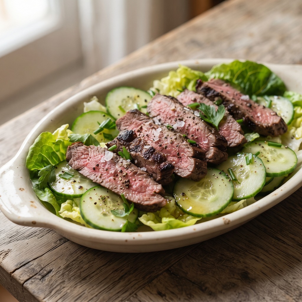 Bœuf poêlé, laitue, concombre et basilic