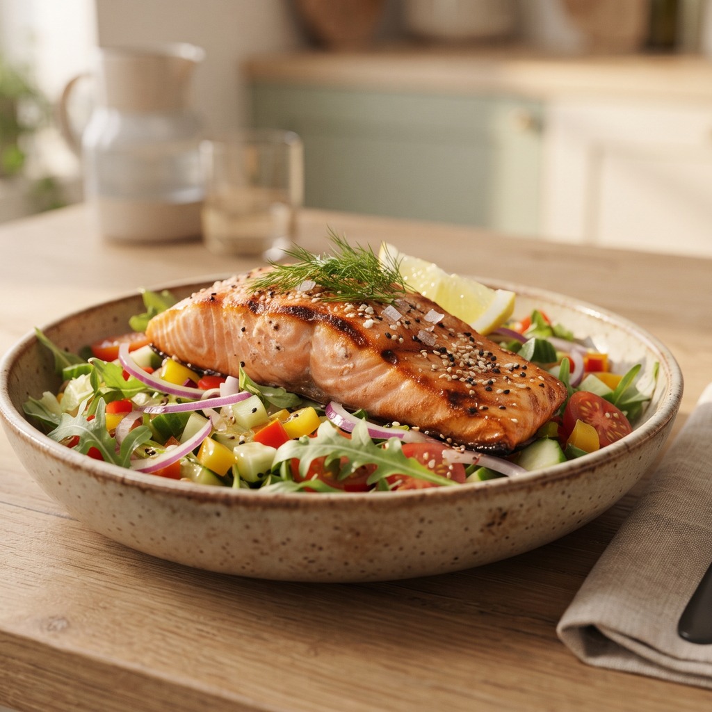 Saumon grillé, salade multicolore et sésame