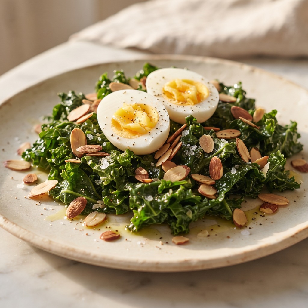 Chou frisé massé à l'huile d'olive, œuf dur et amandes