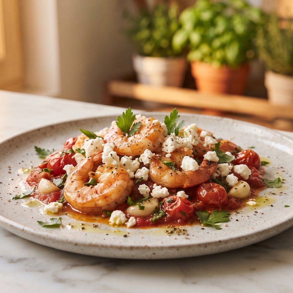 Crevettes rôties au beurre d'ail, sauce tomate et feta