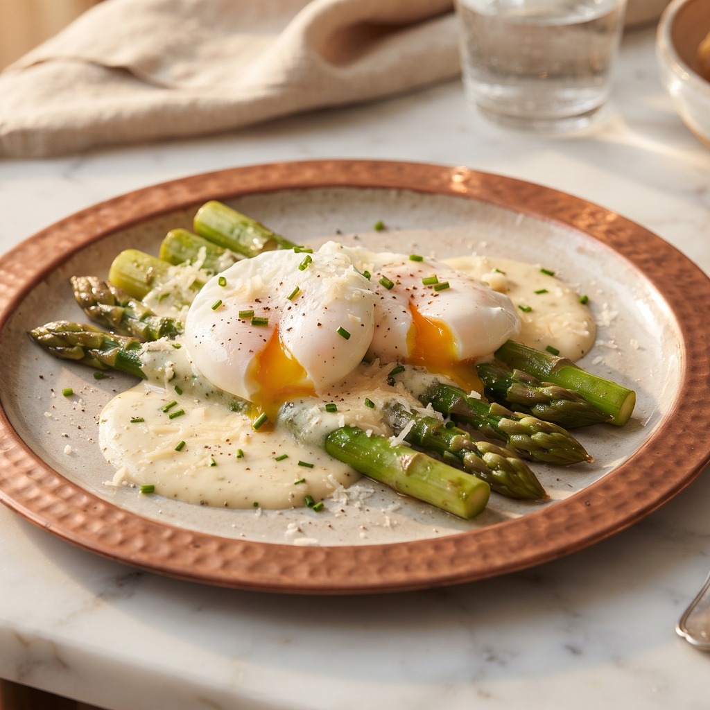 Œufs pochés, asperges et sauce crémeuse au parmesan