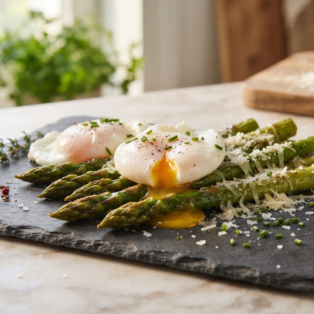Œufs pochés, asperges sautées et parmesan râpé
