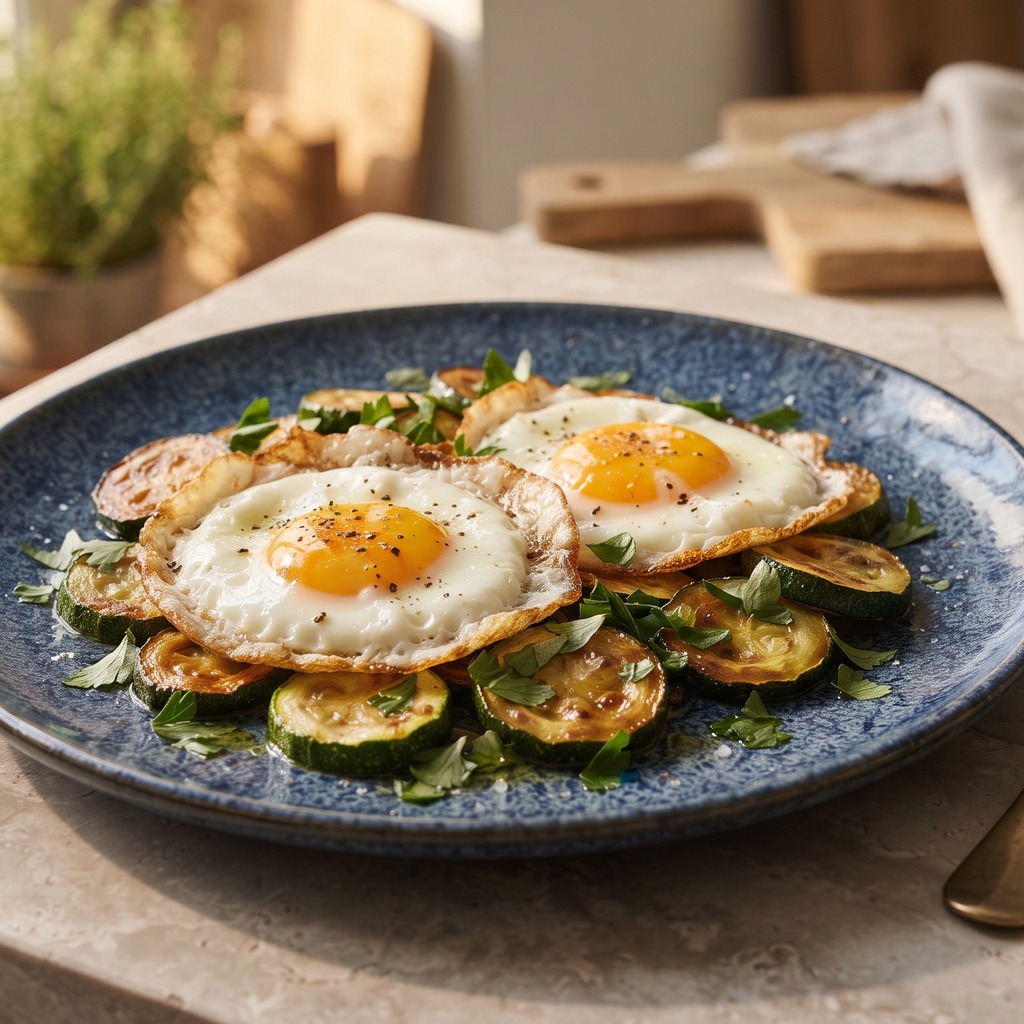 Œufs au plat, courgettes dorées et persil