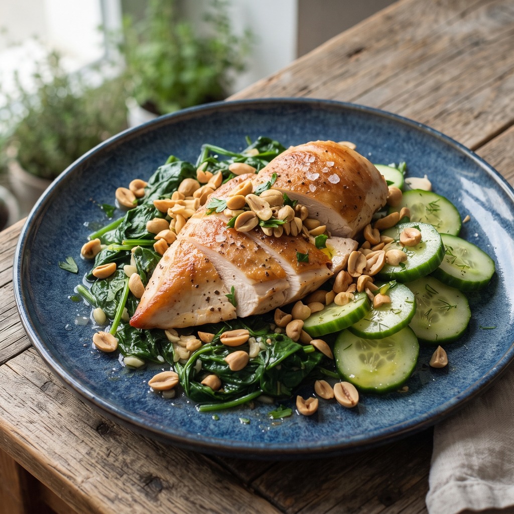 Poulet doré, épinards, concombre et cacahuètes