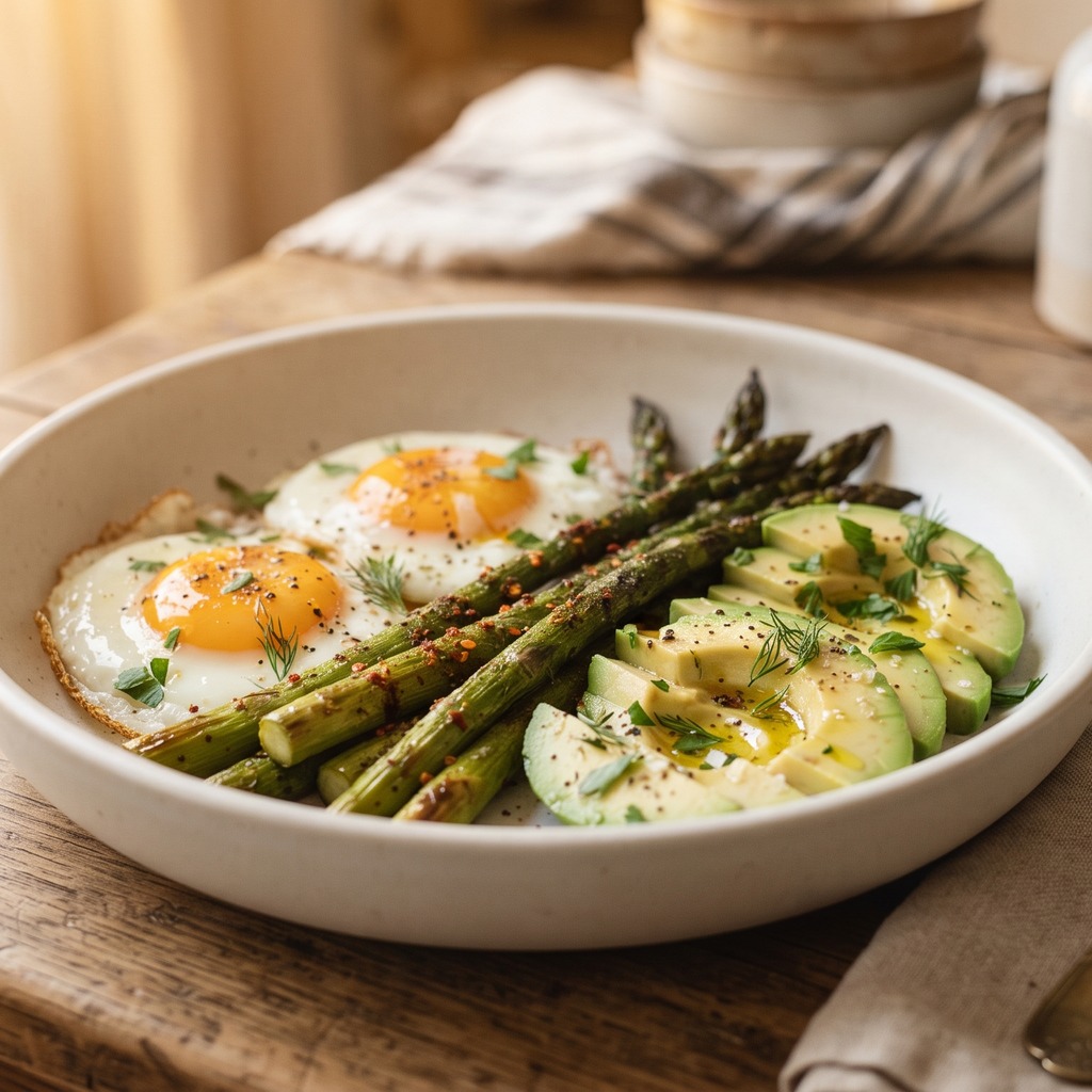 Œufs au plat, asperges épicées et avocat