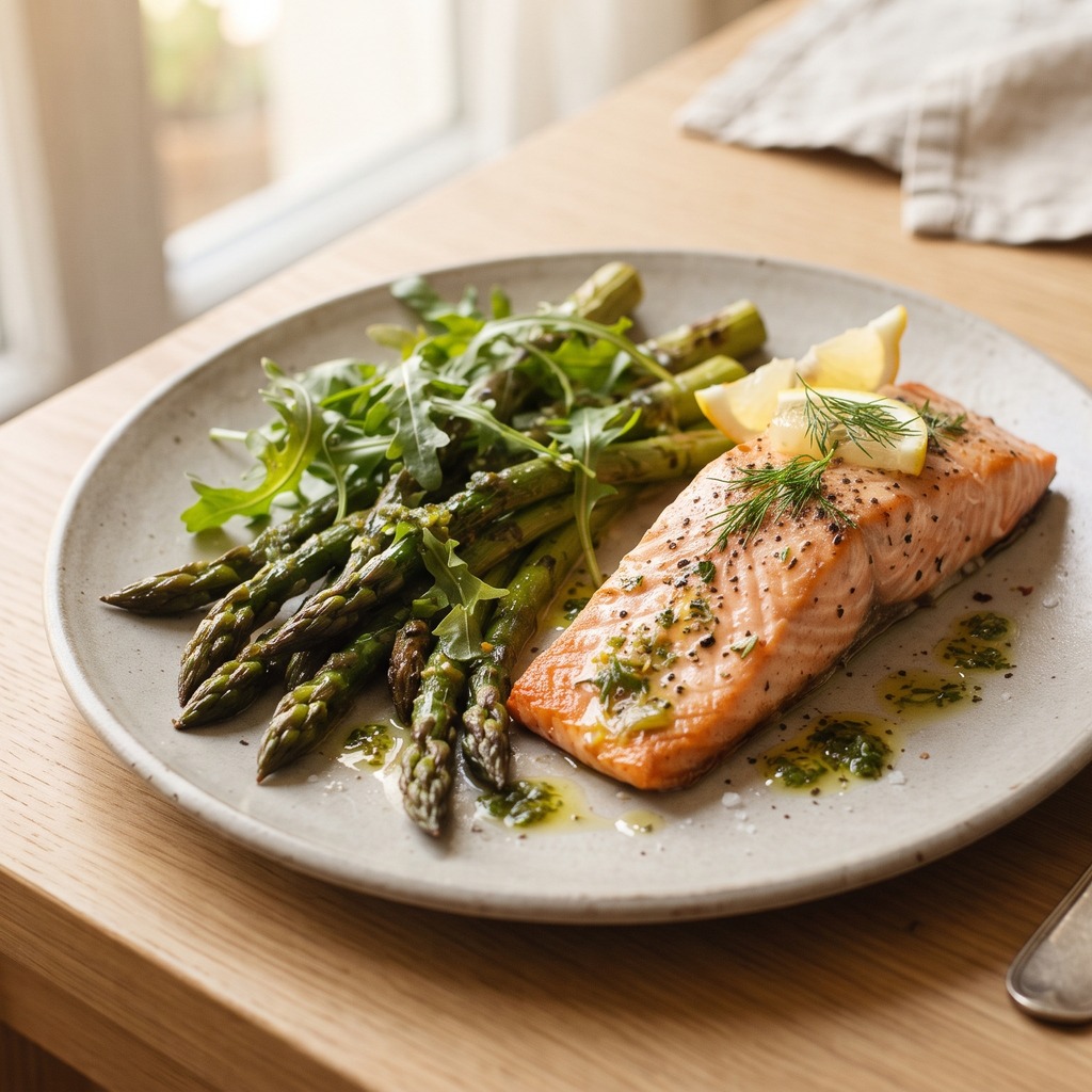 Saumon et asperges rôtis, vinaigrette ail-citron