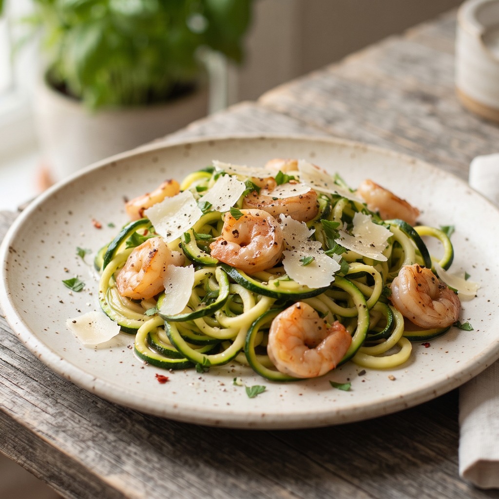 Nouilles de courgette au piment, crevettes et parmesan