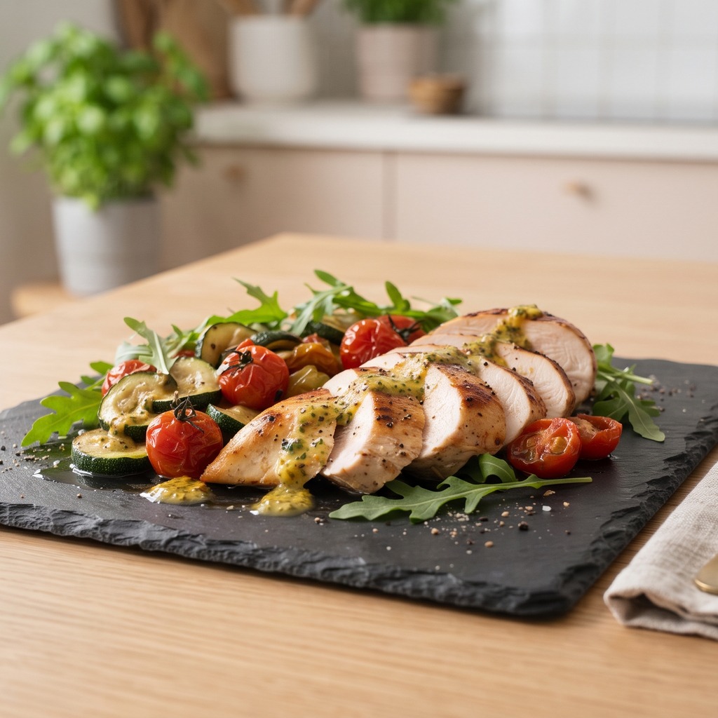 Poulet et courgettes poêlés, roquette et vinaigrette