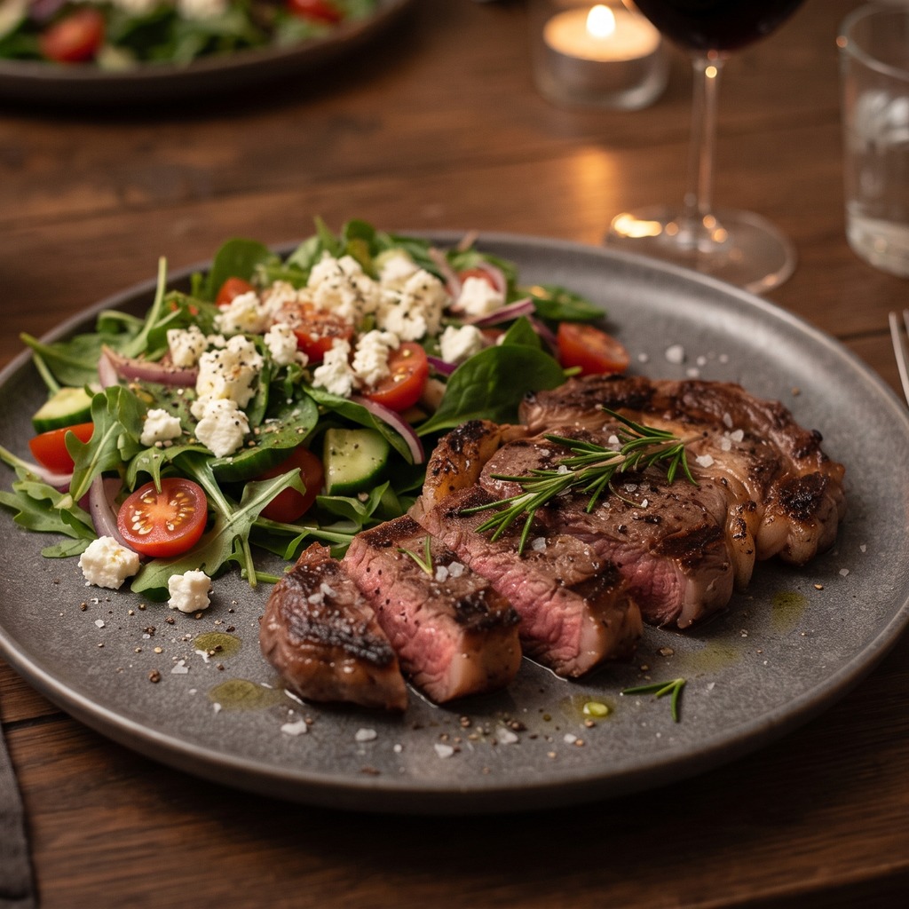 Steak grillé au romarin, salade et feta