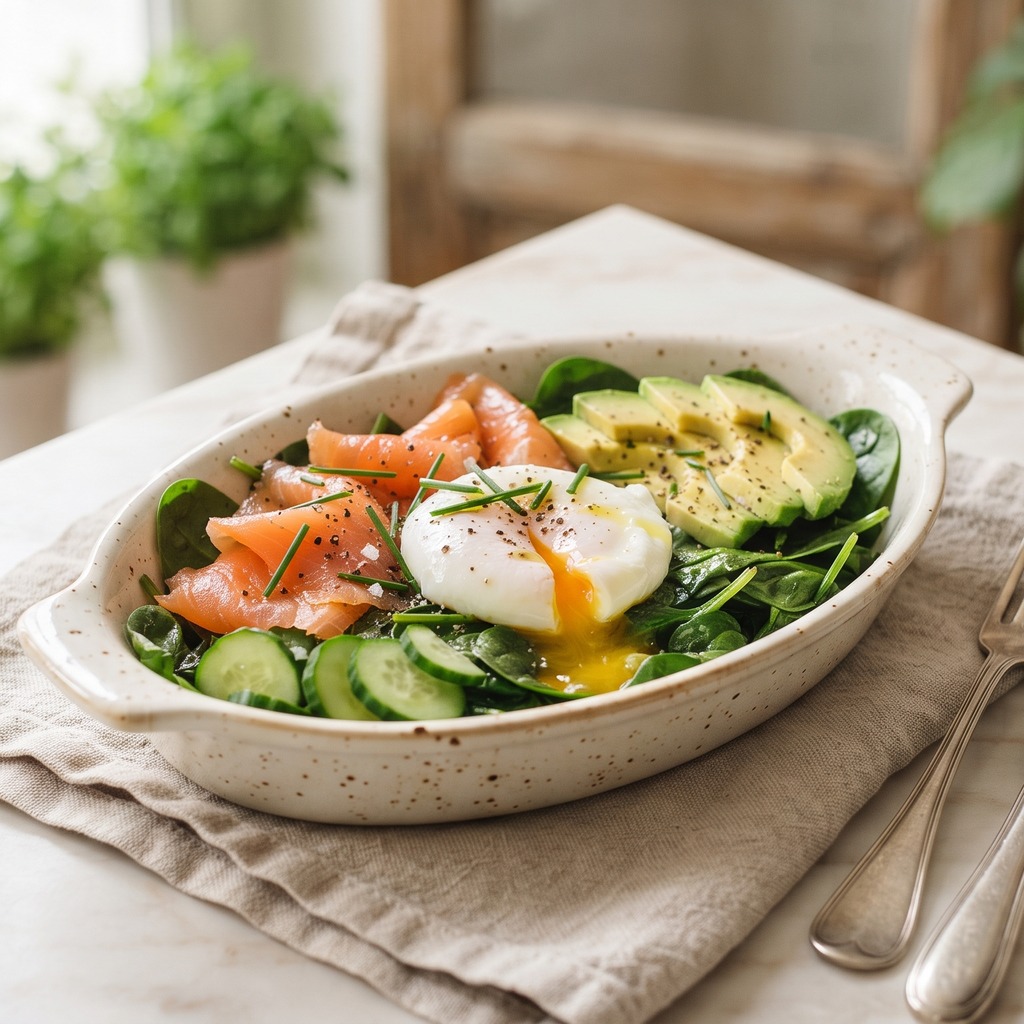 Épinards, avocat, œuf poché et saumon fumé