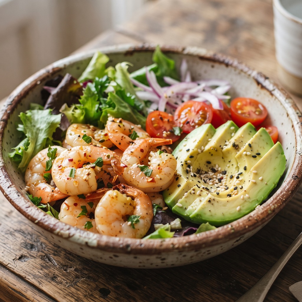 Bol de crevettes à l'ail, avocat et sésame