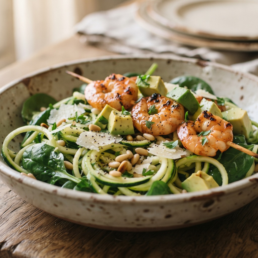 Brochettes de crevettes, nouilles de courgette à l'origan