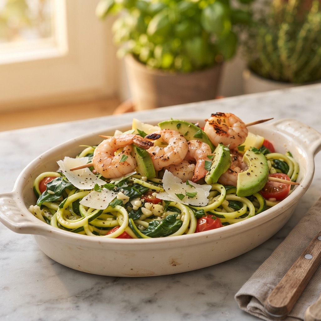 Brochettes de crevettes, nouilles de courgette à l'origan