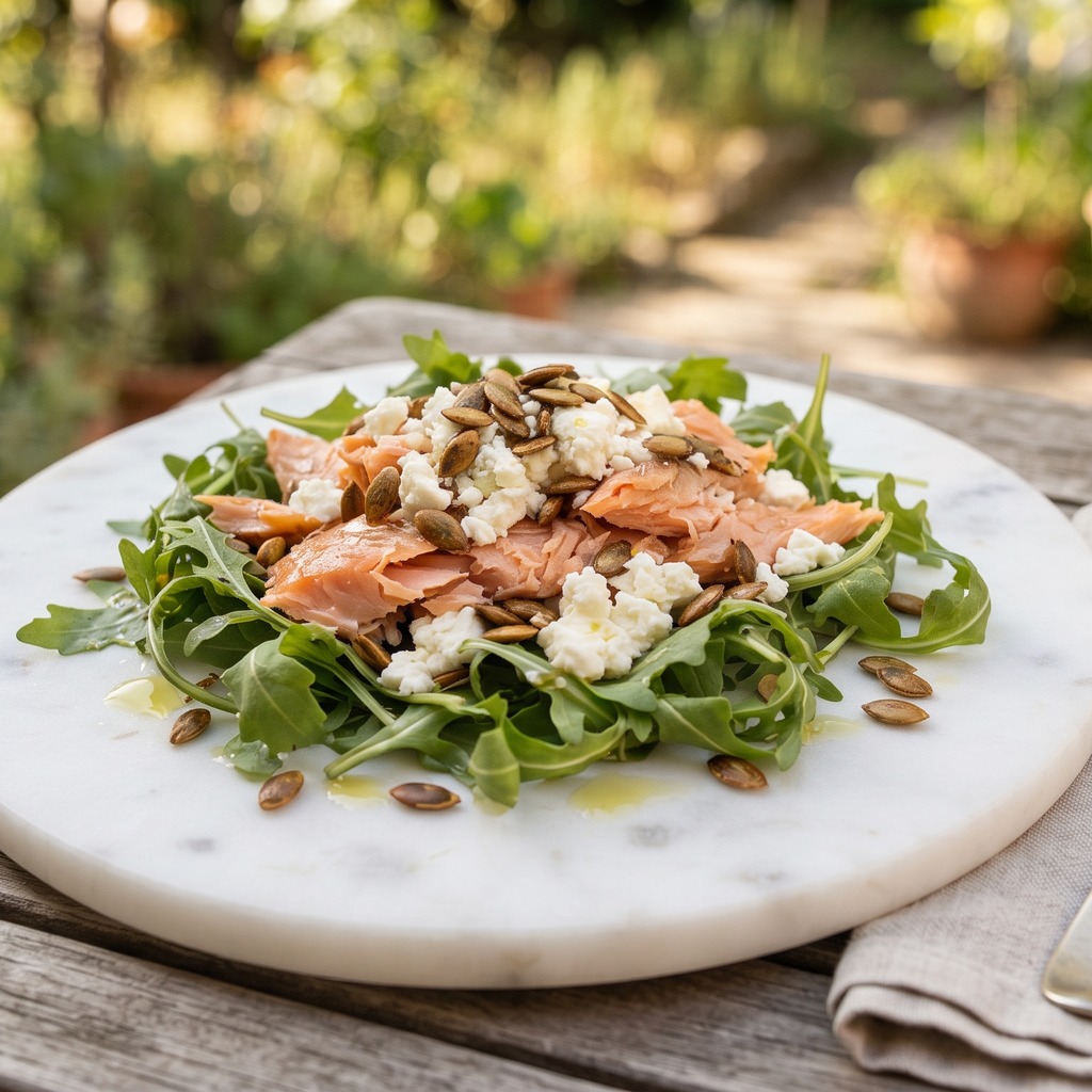 Roquette, saumon, feta et graines de courge