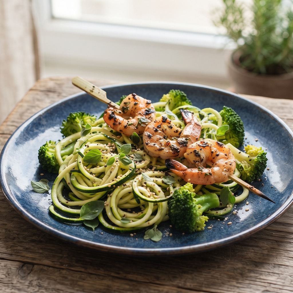 Bol de brocoli vapeur et crevettes à l'ail