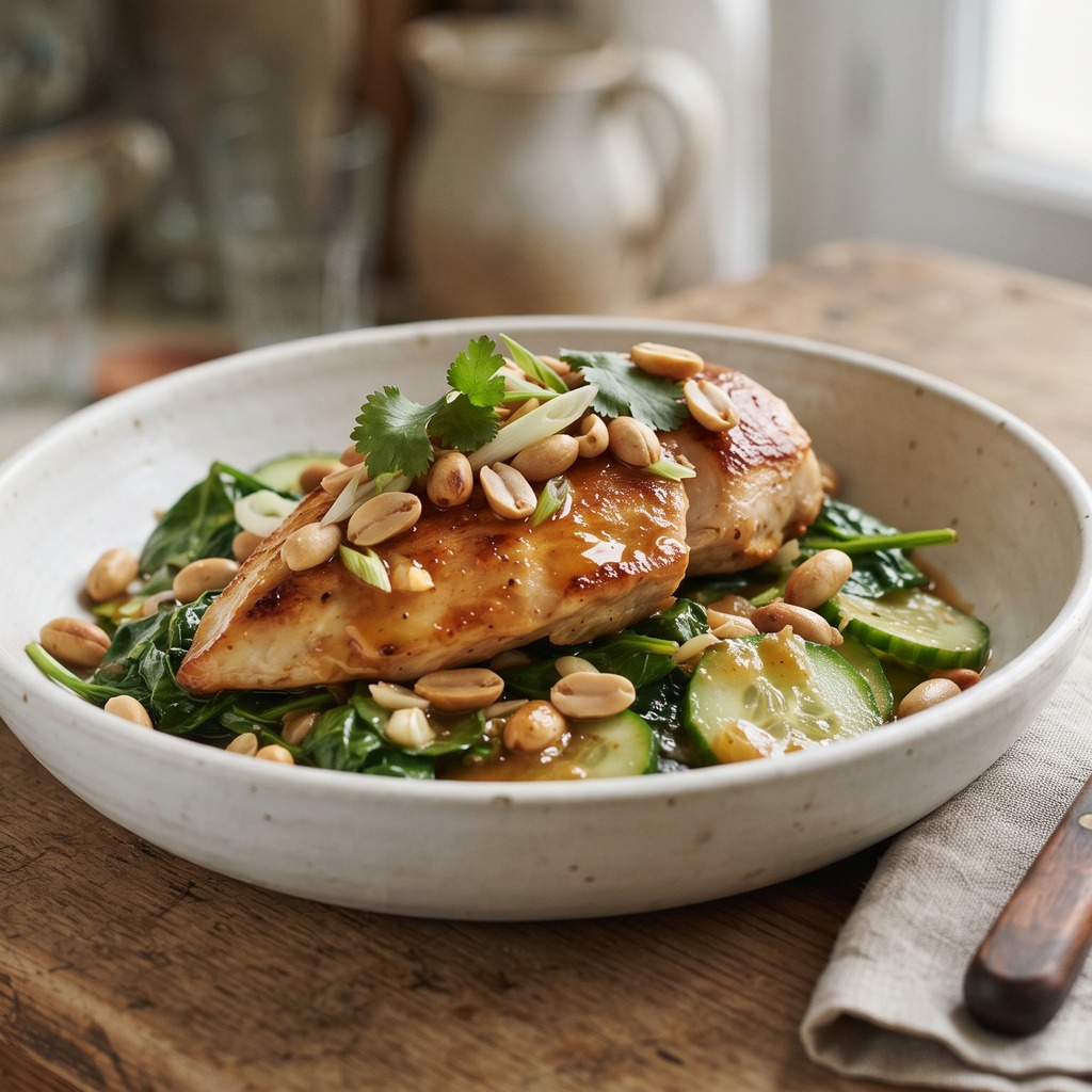Poulet poêlé, sauce citron-gingembre et cacahuètes