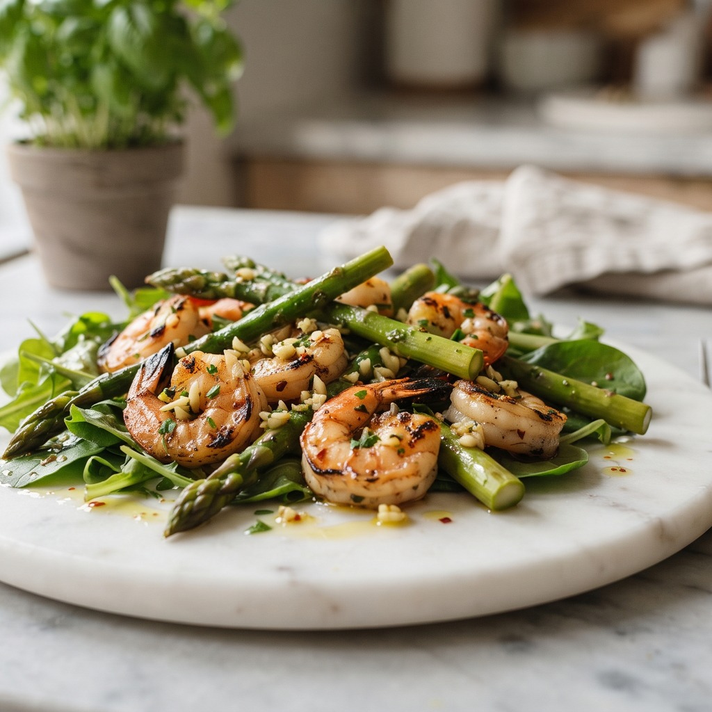 Crevettes et asperges grillées à l'ail