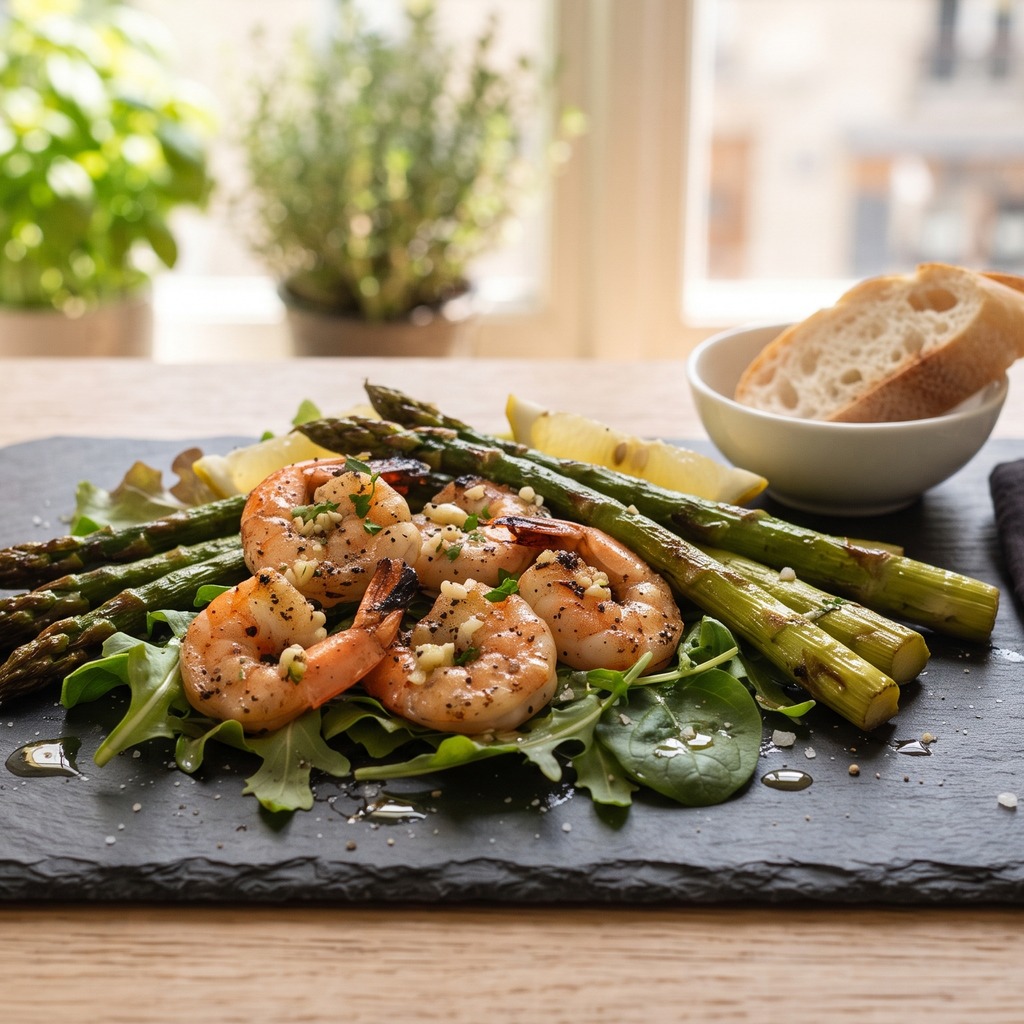 Crevettes et asperges grillées à l'ail