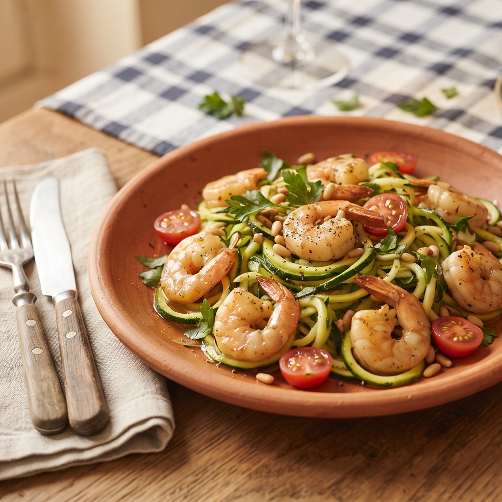 Nouilles de courgette aux crevettes à l'ail