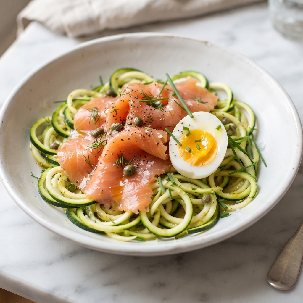 Nouilles de courgette au saumon fumé et œuf dur