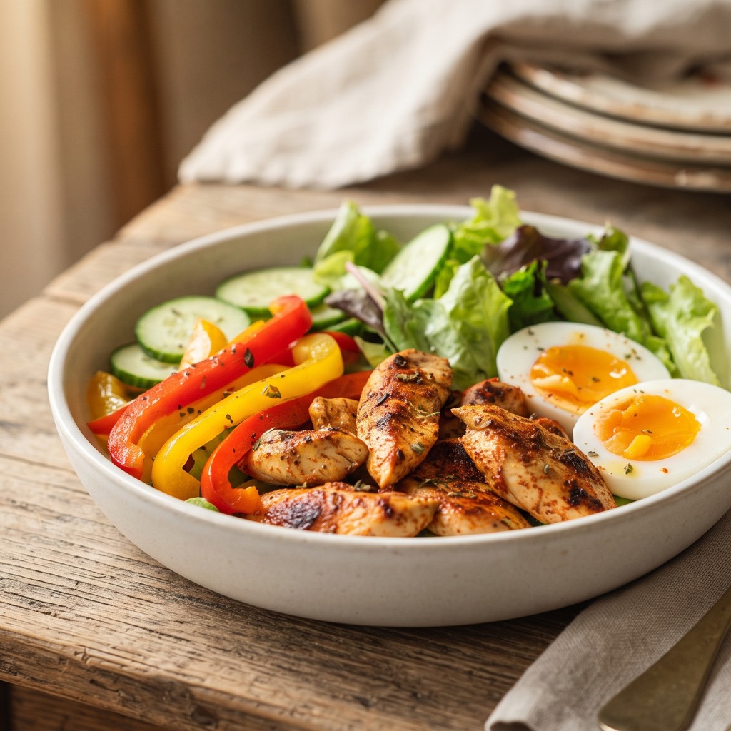 Poulet au paprika fumé, œuf dur et poivron