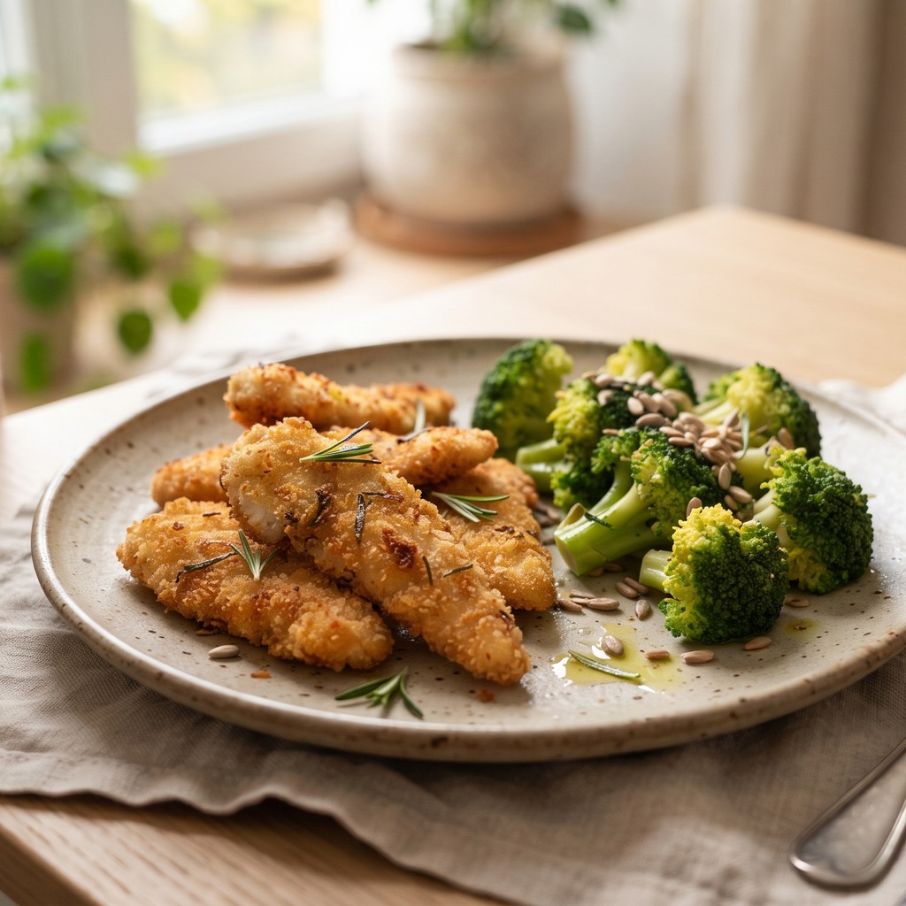Goujons de poulet croustillants au romarin, brocoli vapeur