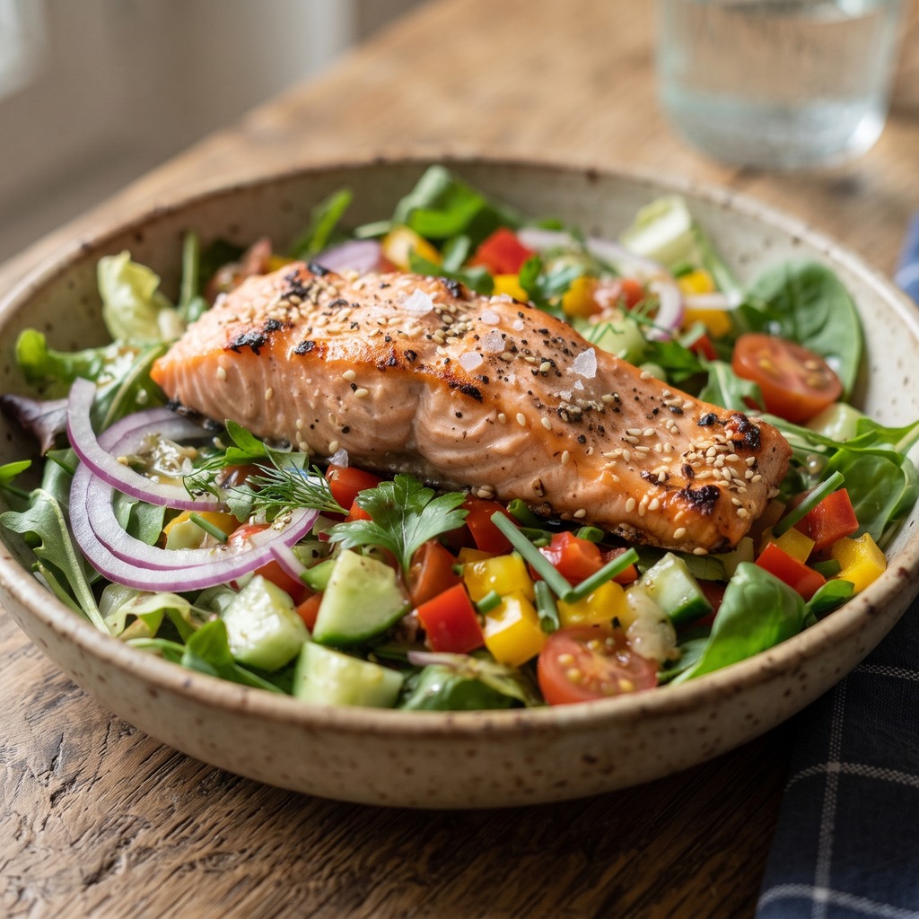 Saumon grillé, salade complète au sésame