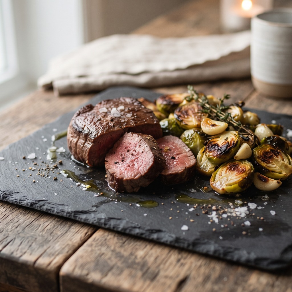 Steak à l'ail, choux de Bruxelles dorés
