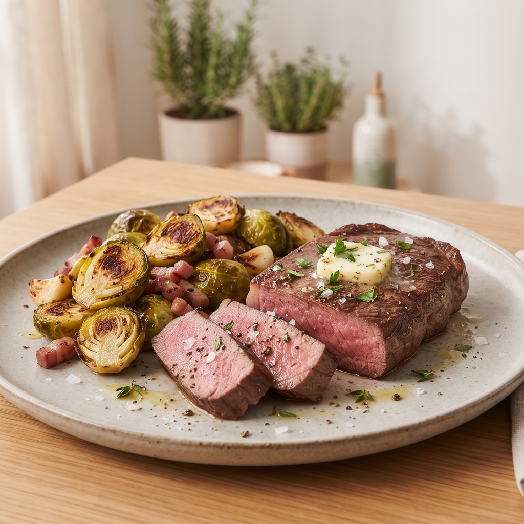Steak à l'ail, choux de Bruxelles dorés