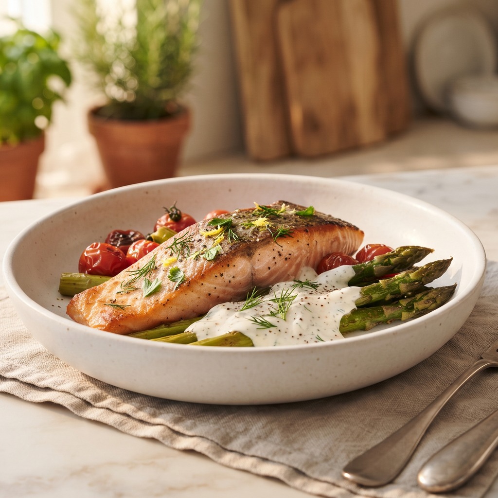 Saumon et asperges rôtis, sauce yaourt-ail