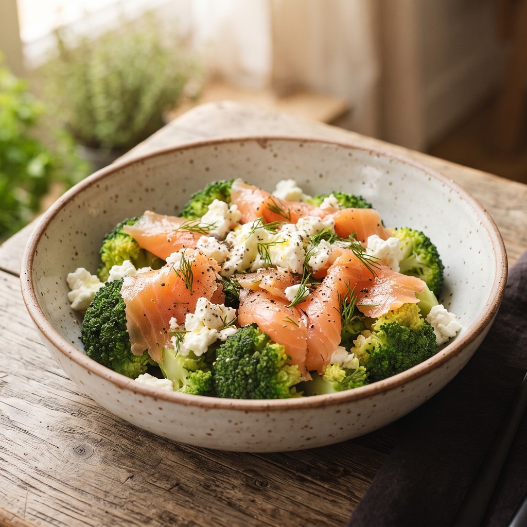 Bol de brocoli vapeur, saumon fumé et feta