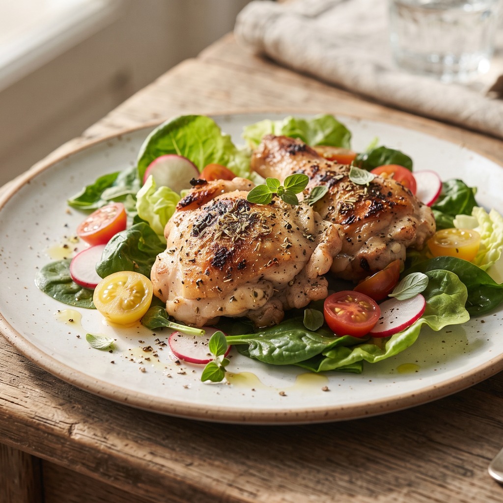 Poulet à l'origan, épinards, radis et tomates cerises