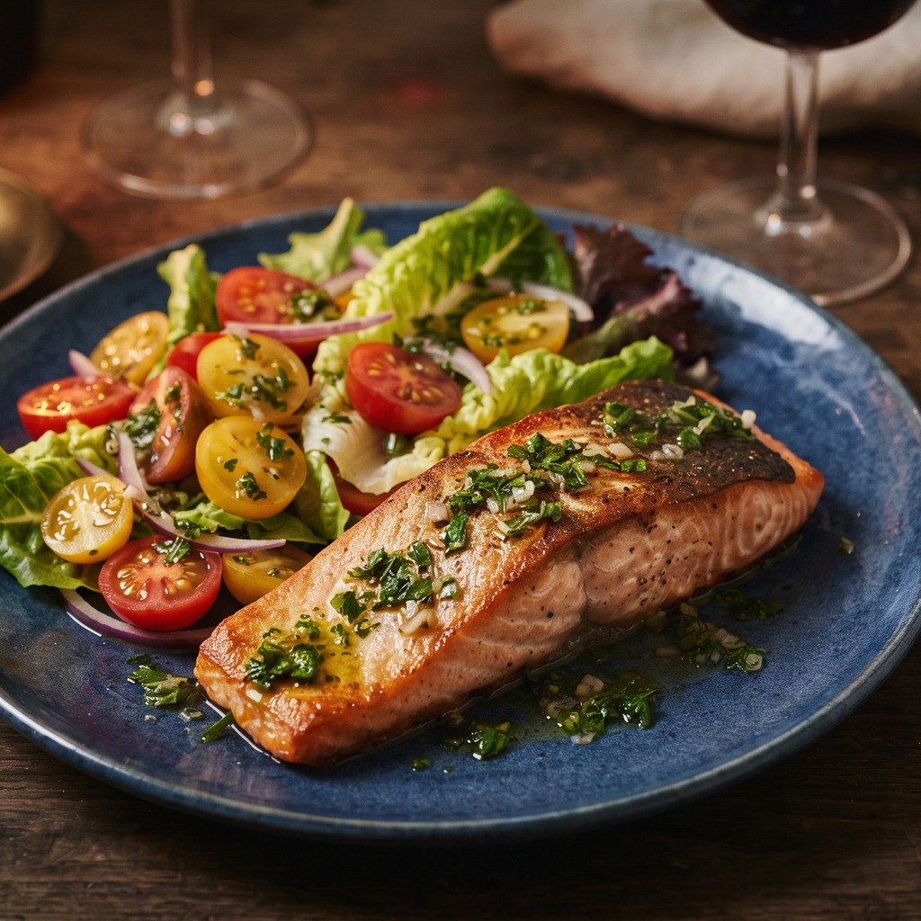 Saumon poêlé, salade de tomates et vinaigrette persillée