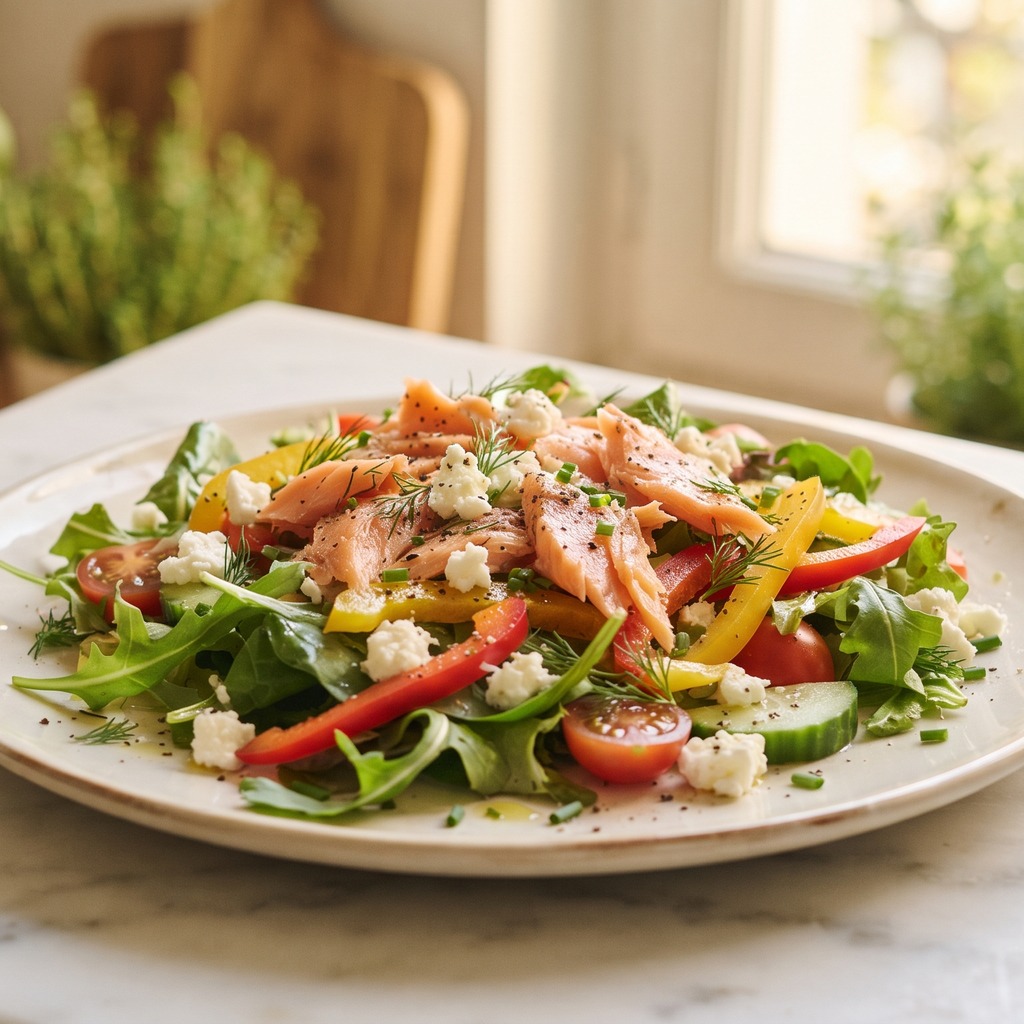 Salade printanière, poivron, feta et saumon fumé