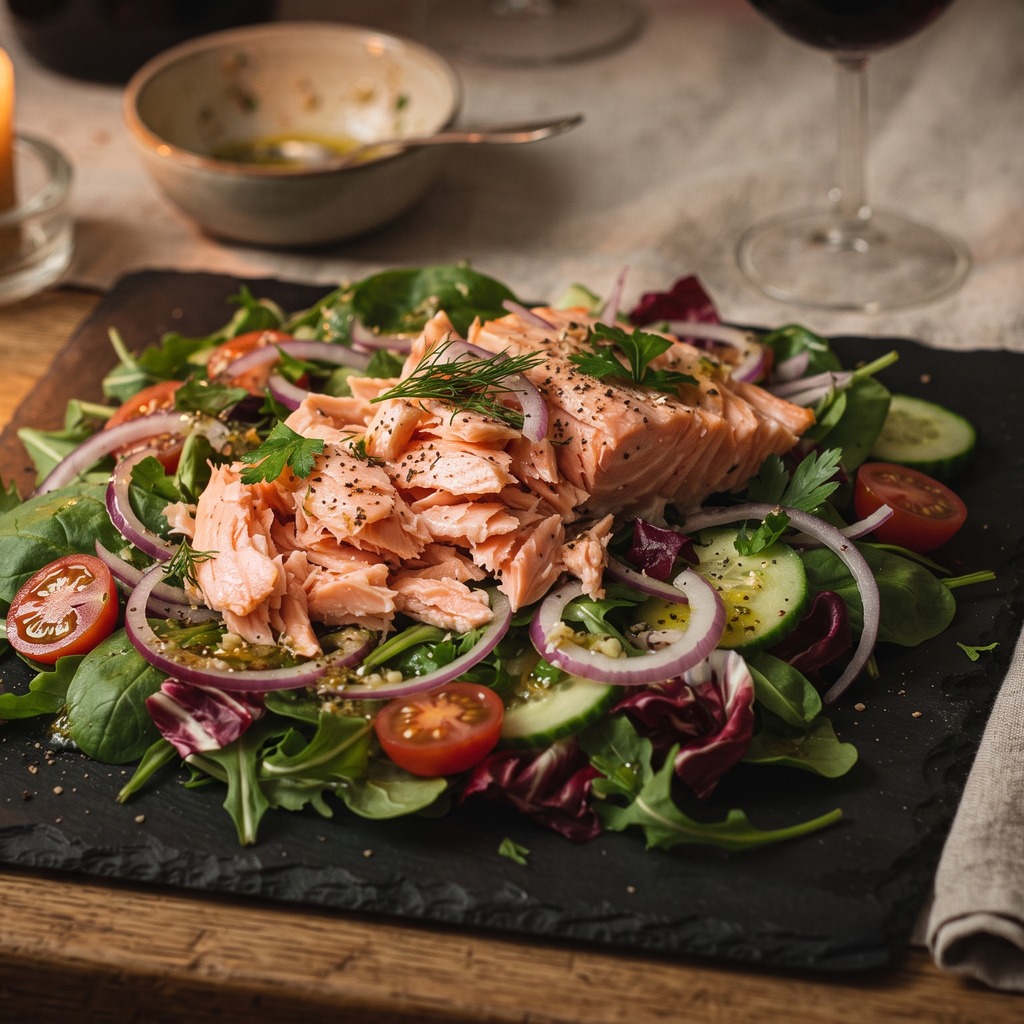Saumon émietté, salade printanière et vinaigrette à l'ail