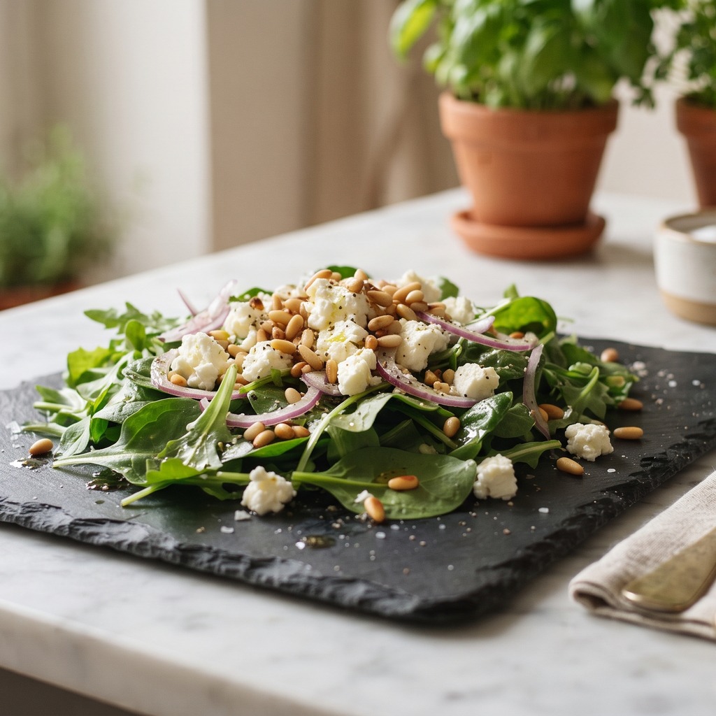 Salade express feta et pignons de pin
