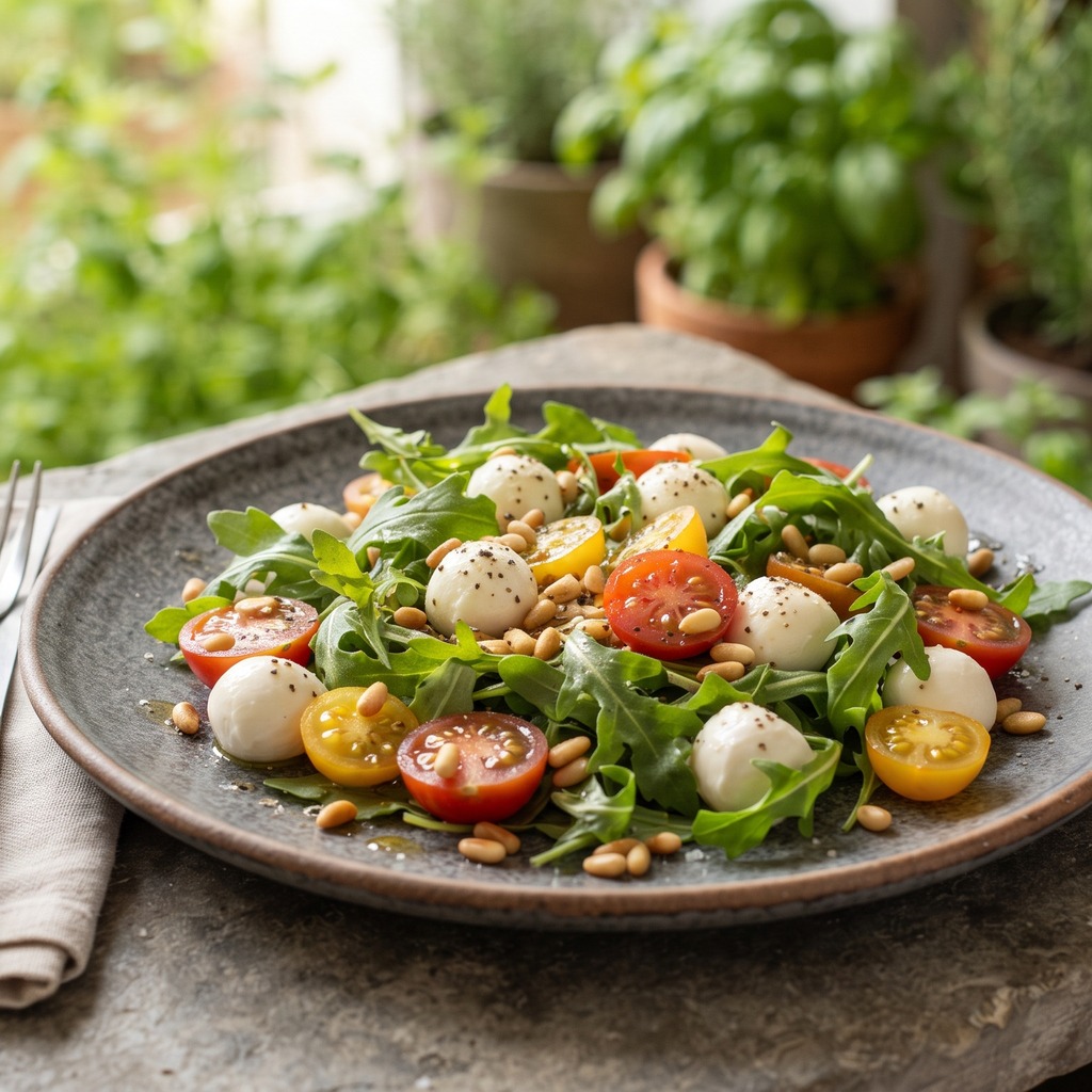 Roquette, tomates cerises, mozzarella et pignons