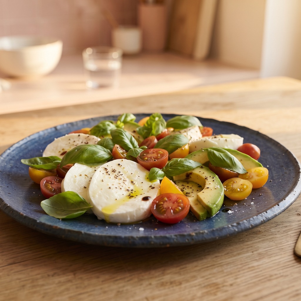 Mozzarella, avocat et tomates cerises au basilic