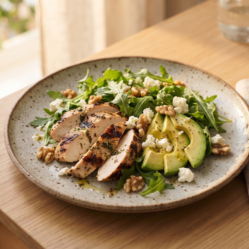 Poulet grillé, roquette, avocat, feta et noix
