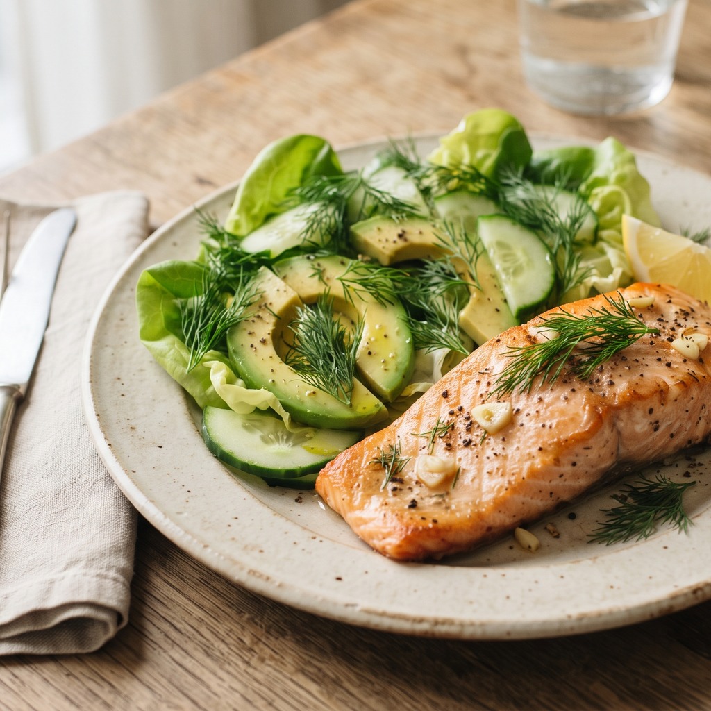 Saumon grillé à l'ail, salade d'avocat et aneth