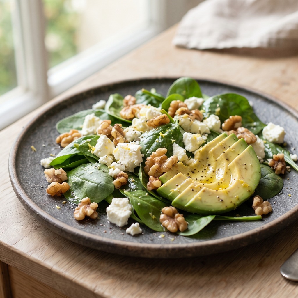 Épinards, feta, avocat et noix, vinaigrette citronnée