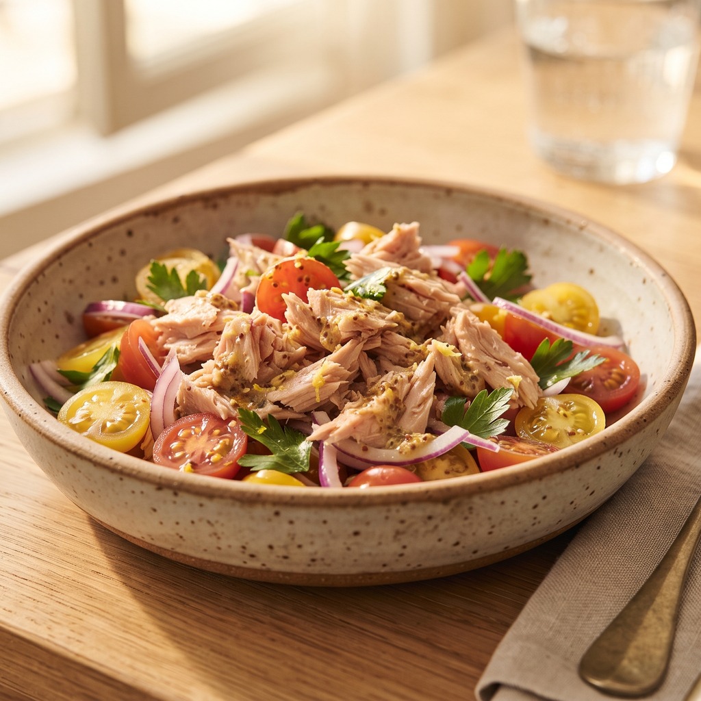 Bol de thon, tomates et vinaigrette moutarde-citron